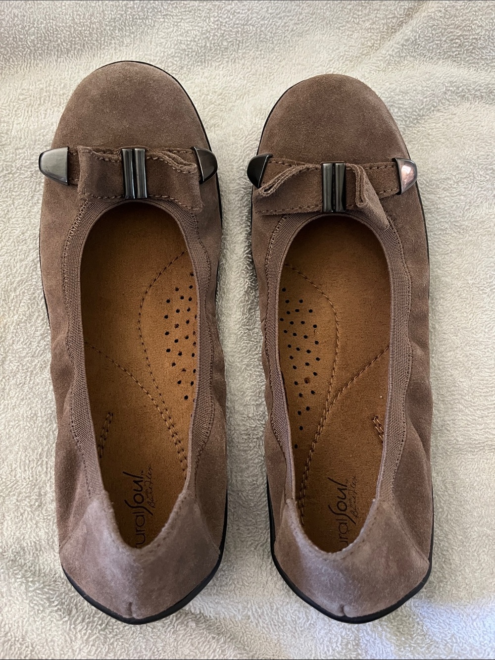Natural Soul Brown Suede Ballet Flats with Metal Bow